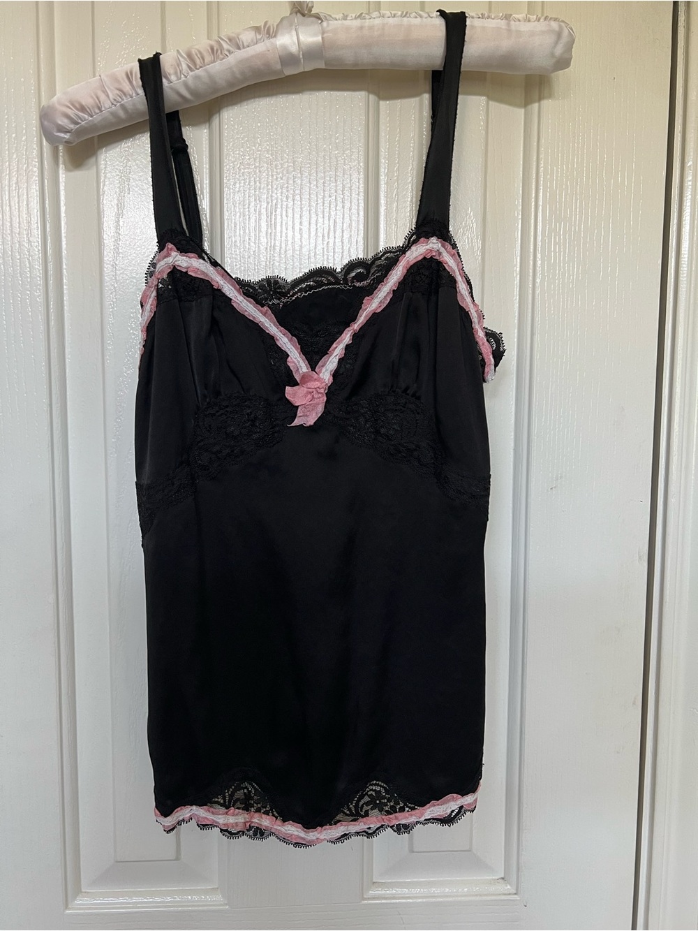 Black Satin Lace Trim Camisole with Vintage Pink Accents